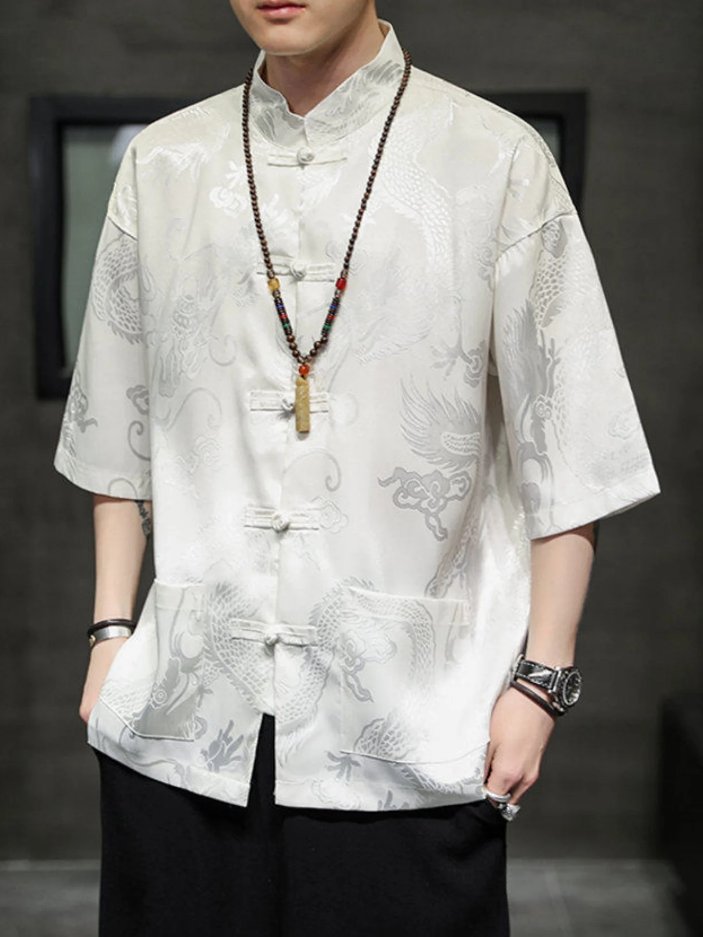 

Ice Silk ort Sve irt Jaet Men's Summer Trend Brand Tang Costume Hanfu Chinese Sle Button f Sve irt