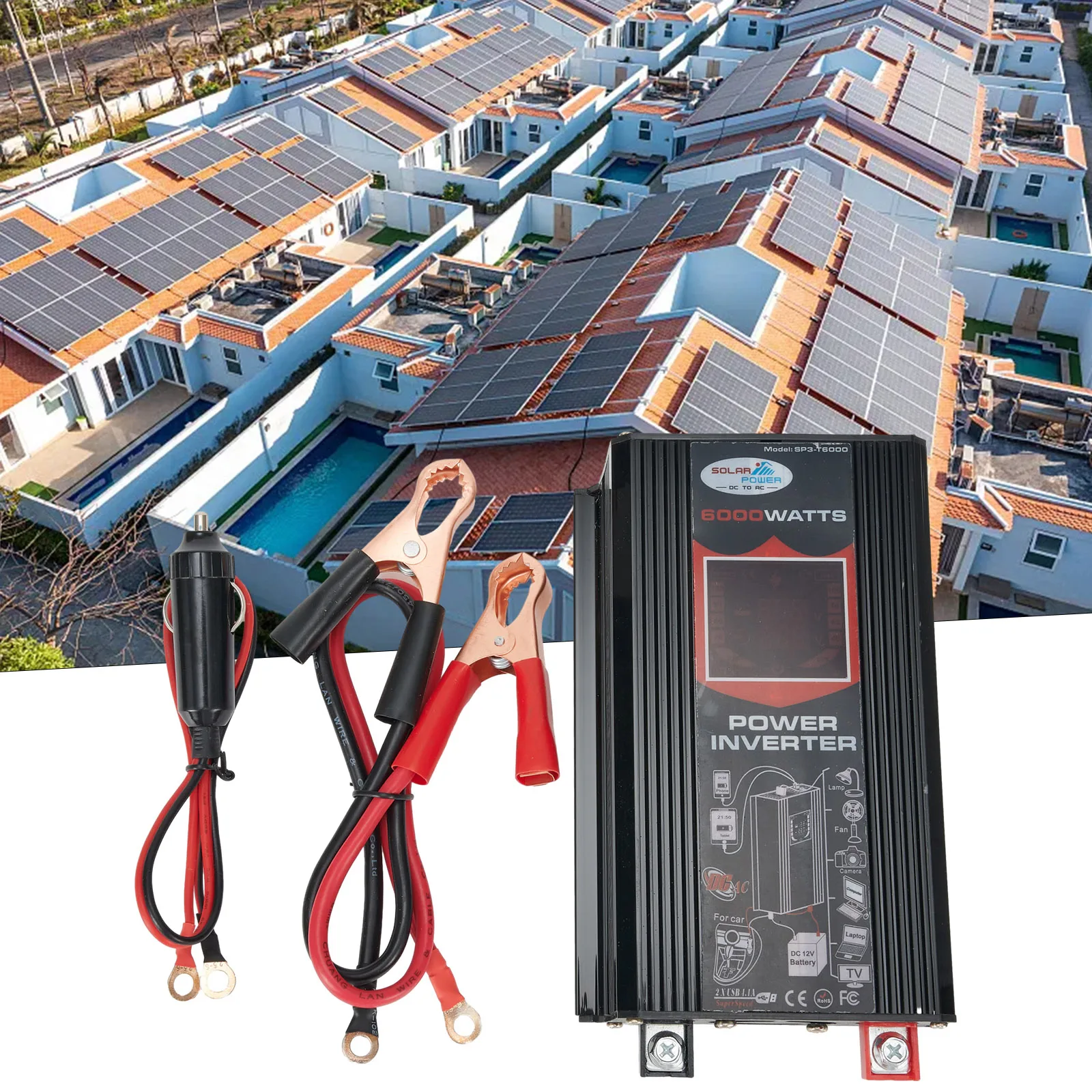 

Voltage Converter Power Inverter DC 12V To AC 110V Dual USB Overload Protection 6000W Charger Adapter Internal Fuses