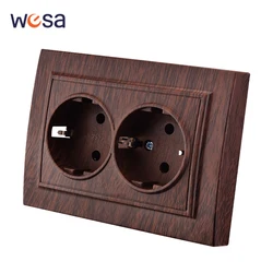 WESA Wooden Spray Paint Wall Embed Socket Plugs Brown Power 2 Sockets EU Electrical Outlett With Ground Flame Retardant Plastic