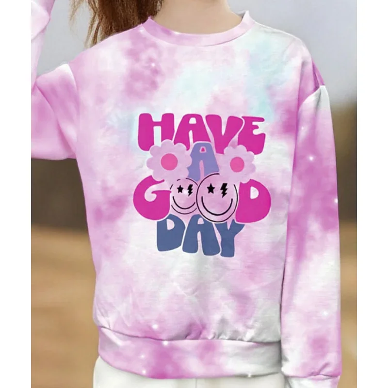 2026 Trendy Girls Tie Dye Sweatshirt - "Have A Good Day" Smiley Flower Graphic Casual Pullover Top