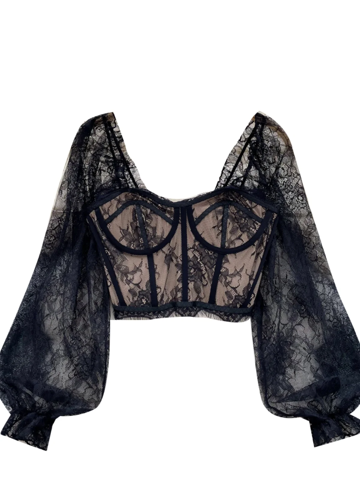 Top in pizzo con volant Sve da donna, vestibilità slim, versatile, colletto quadrato, vita lunga, cinched, lunghezza della pancia, piccolo irt