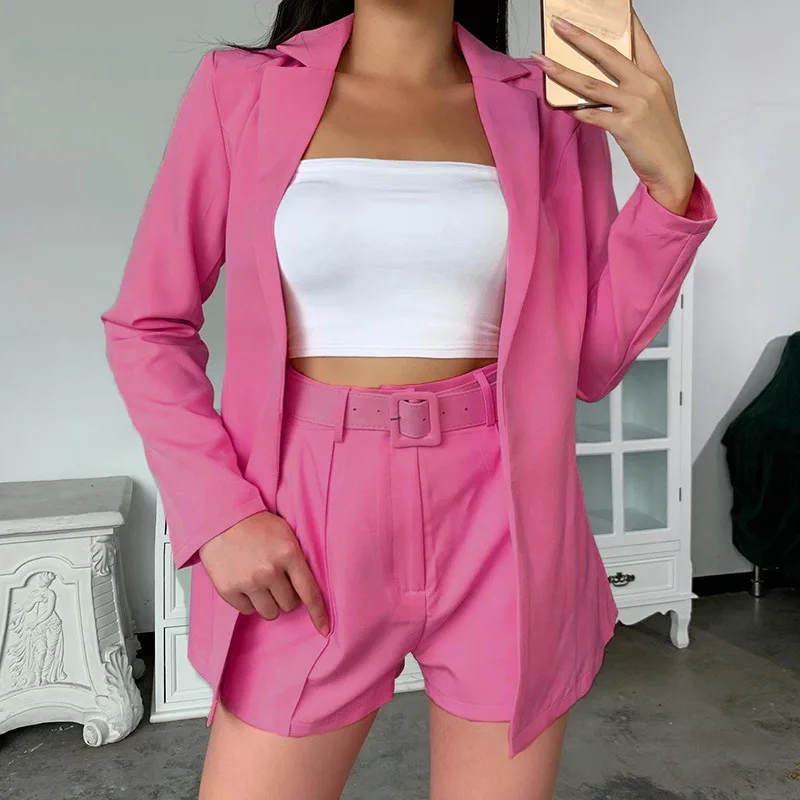 

Casual Women's Small Suit Long Sleeve Lapel Coat And Slim Shorts With Belt Set Solid Color Ladies Fall Two-Piece Outfits