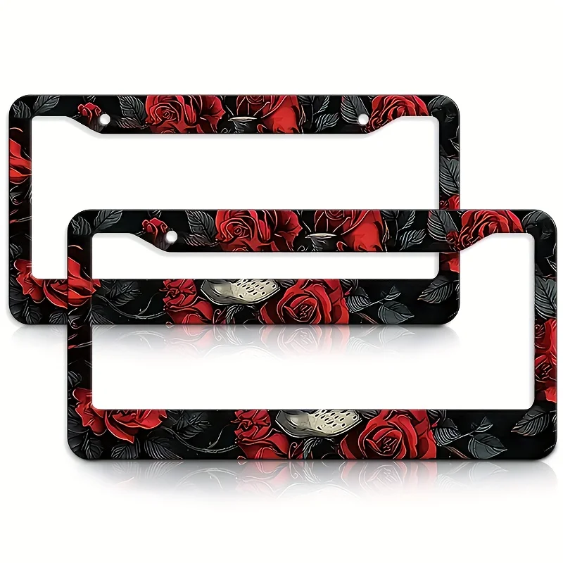 

Red Rose Floral License Plate Frame Black Gothic Rose Pattern Car Licence Plate Holder Universal Stainless Steel