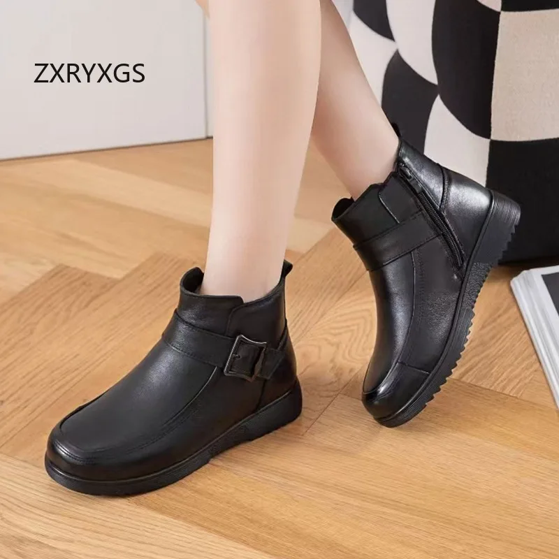ZXRYXGS 2025 Nieuwe Mode Top Koeienhuid Winter Warme Snowboots Comfortabele Elegante Platte Laarzen Zwarte Schoenen Vrouwen Katoenen Laarzen