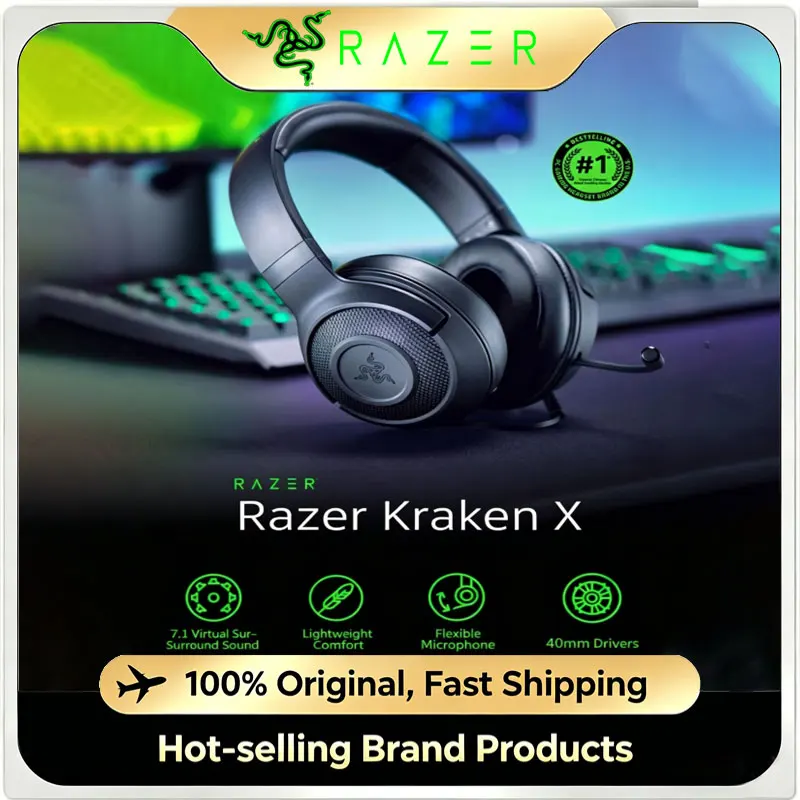 

Razer Kraken X Wired Gaming Headset 7.1 Surround Sound Over-Ear Headphones with Bendable Mic 40mm Driver for PC PS4 Xbox