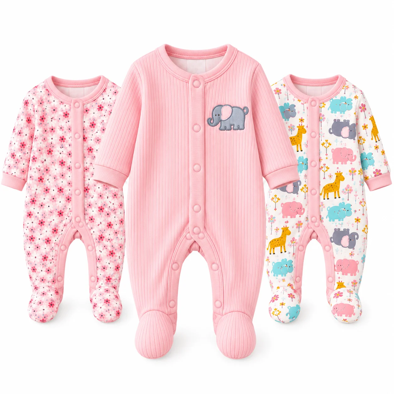 3Pcs Baby Girl Rompers Long Sleeve Footed Jumpsuits Newborn Infant Clothes Floral Elephant Animal Print Bodysuits 0-6M