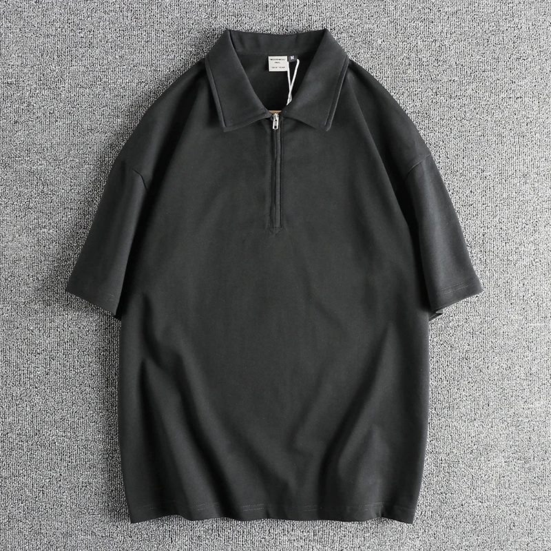 

Retro High-End Design Shirt Men's Half Open Collar Zipper Color Washed Pure Cotton Short Sleeve Youth T-Shirt