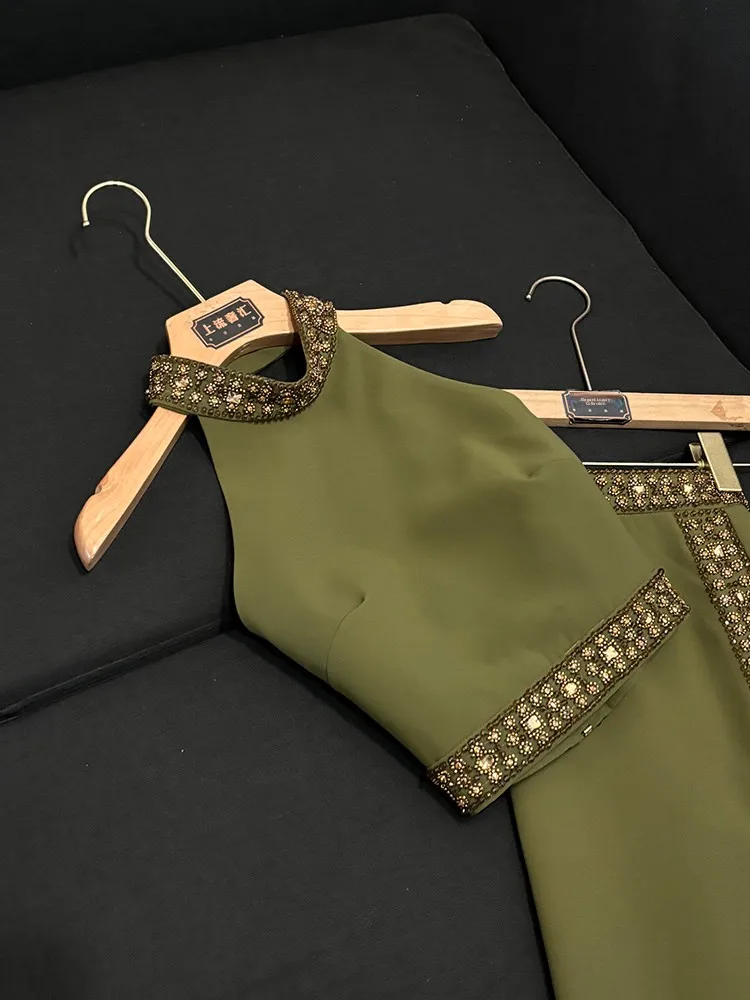 エレ ダイヤモンド装飾ベストトップとロングスリットスカートのツーピースセット（女性用）通勤ファッション中国製