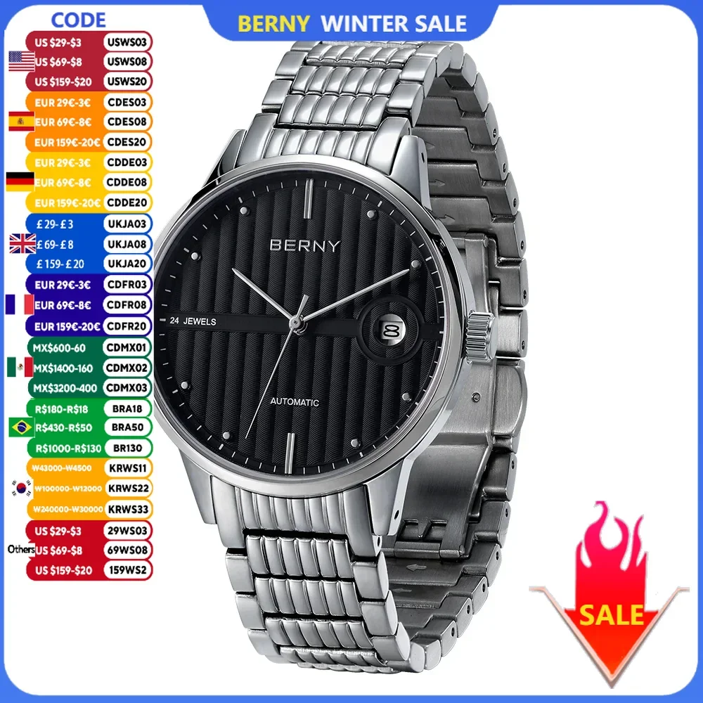 BERNY Automatic Wristwatch Men/Ladies Self-wind Mechanical Luxury Couple Watch Sapphire Stainless Steel Miyota 9015 Watches 5ATM