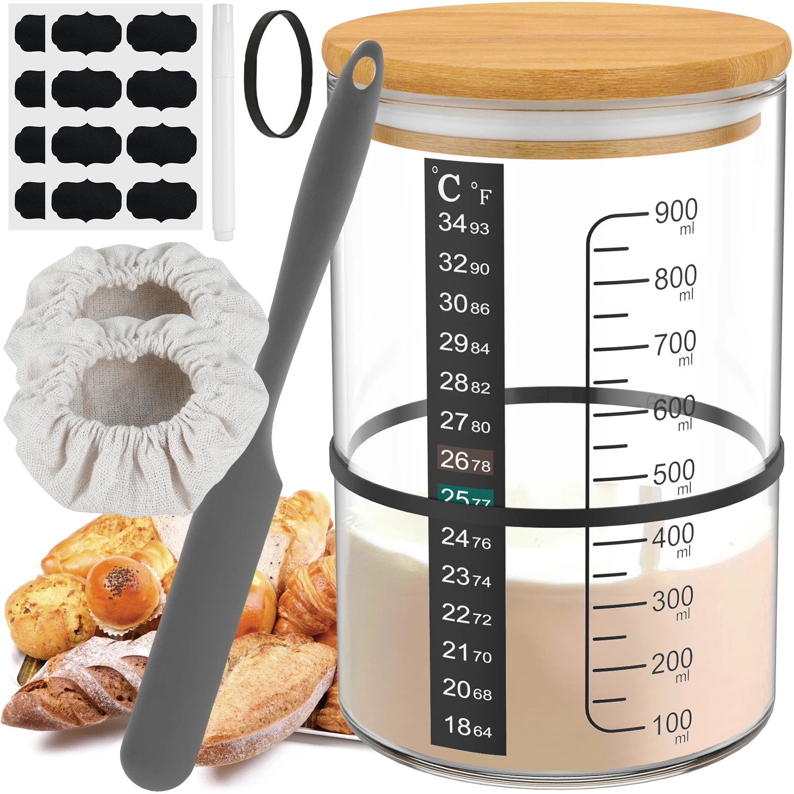 Sourdough Bread Starter Kit 900ml Sourdough Starter Container Wide Mouth Glass Sourdough Fermentation Jar for Bread Baking