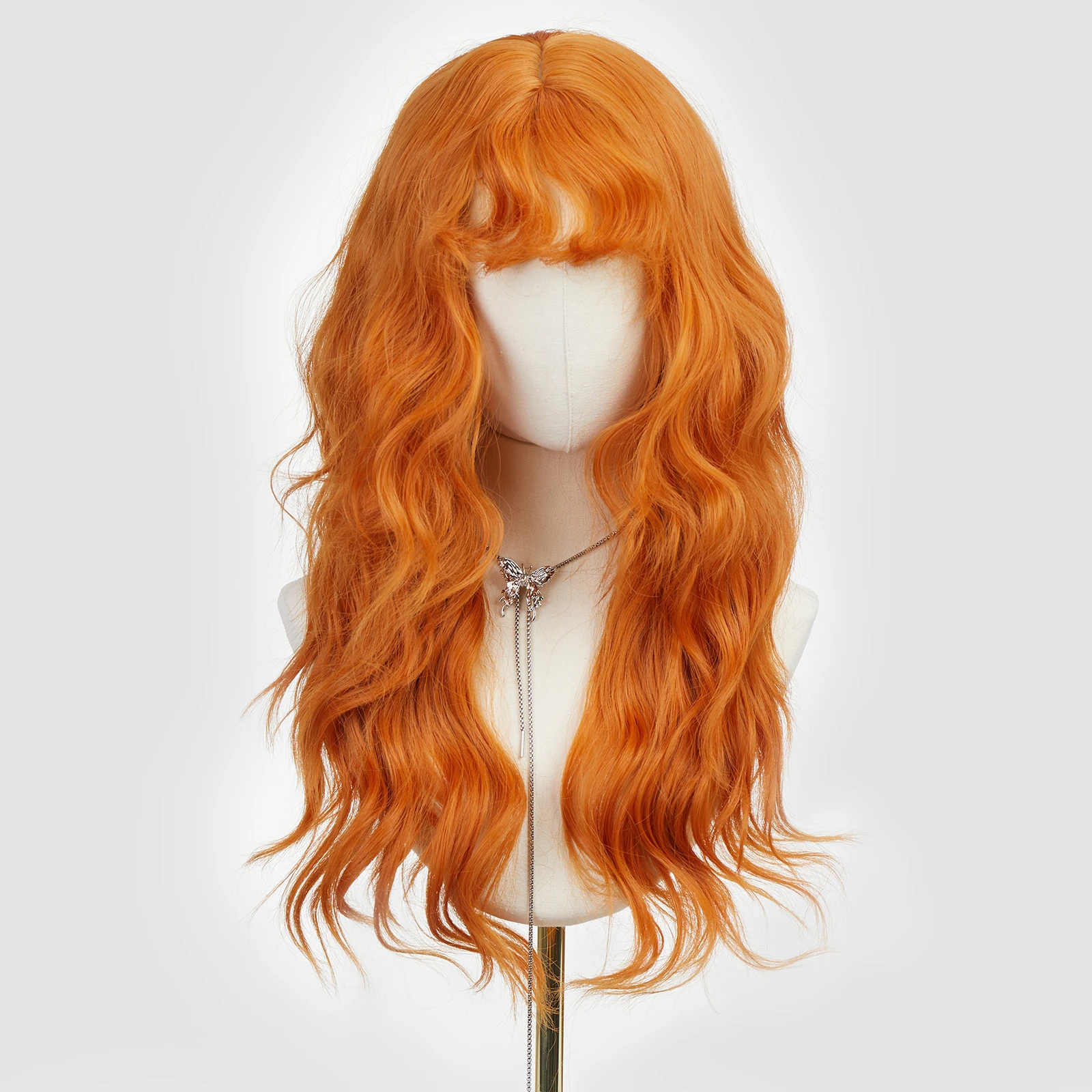 アラン・イートン オレンジ ウェーブ シンセティックウィッグ 前髪付き ロング カール ウェーブウィッグ 女性用 ウィッグ デイリー クリスマスパーティー用 耐熱性
