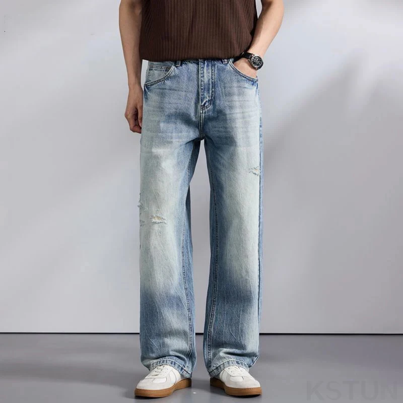 

Spring Summer Wide Leg Jeans Men Baggy Pants Loose Fit Ripped Jeans Distressed Washed Vintage Frayed Light Blue Man Trousers