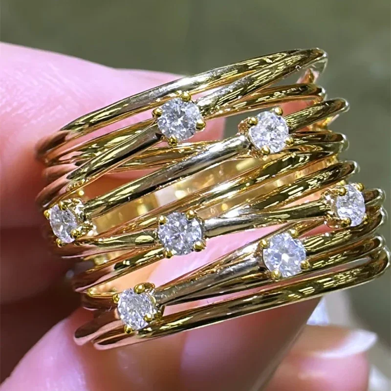 Huitan Swanking Multideck Rings for Women Luxury Gold Color Finger Accessories with Cubic Zirconia Attractive Party Jewelry Gift