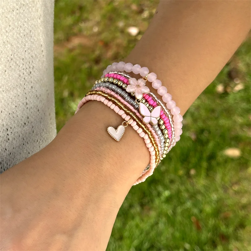 9-teiliges Set Böhmische Schmetterlings-Blumen-Anhänger-Armbänder für Frauen, Handgefertigte Reisperlen-Armbänder, Gestapelte Armbänder, Sommer-Strandparty-Schmuck – Detail 3