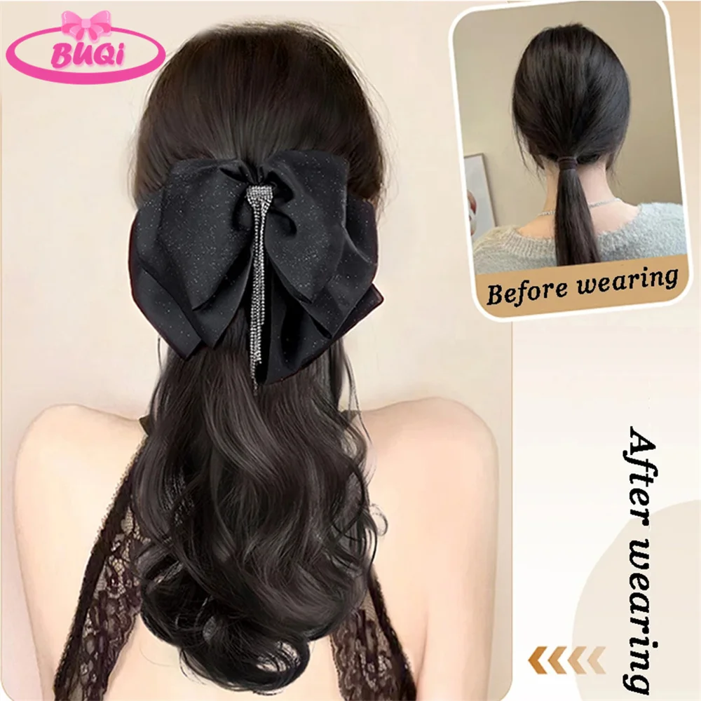 BUQI Tassel Bow Claw Clip Ponytail Temperament Slightly Curly Hair Natural Heat-resistant Chemical Fiber Wig Hair Extesions