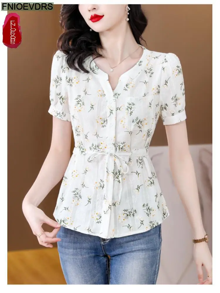 White Pink Drawstring Slim Waist Tops Women Summer Short Sleeve Cute Sweet Floral Print Retro Vintage Blouses Button Shirts