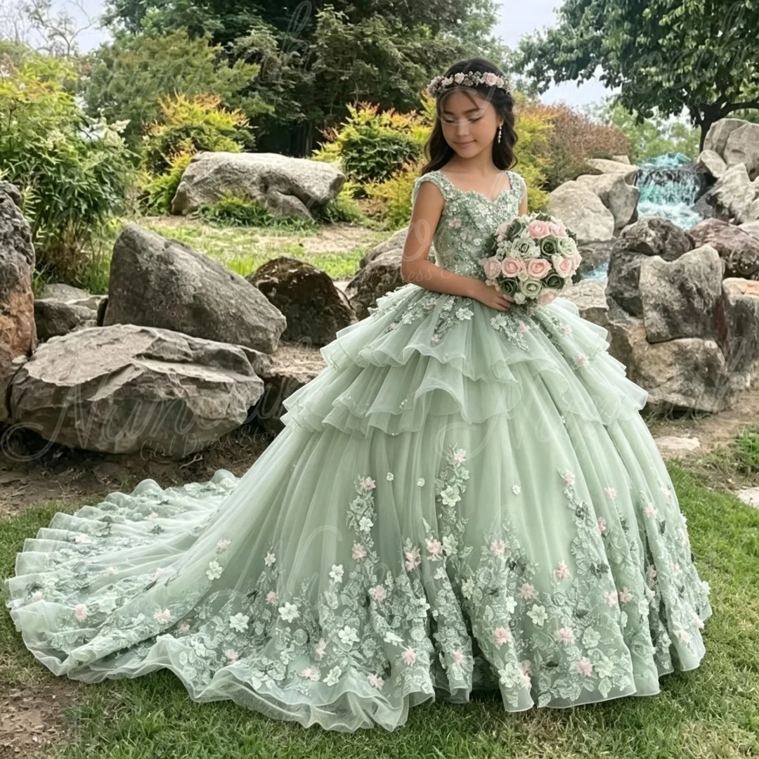 Green Flower Girl Dresses with Trail Floral Lace Appliques Sleeveless Princess Kids Birthday Pageant Gown First Communion Gowns
