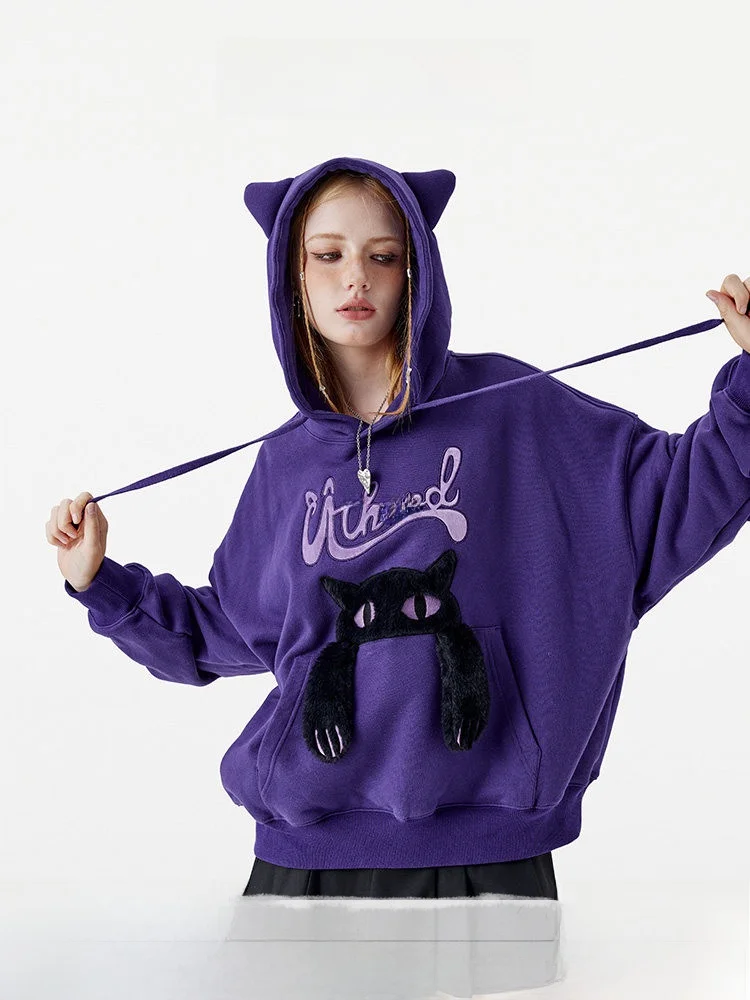Guukahero Women's Thickened Winter Hoodie  Ear Design Loose Fit Cotton Sweatshirt Street Style Short Length Long Sleeve