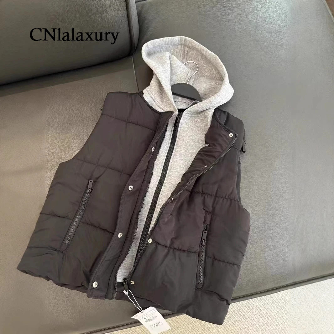 CNlalaxury Casual Street Style Cotton Vest Women Splicing Design Sleeveless Hooded Cotton Jacket Top 2024 Autumn Clothing