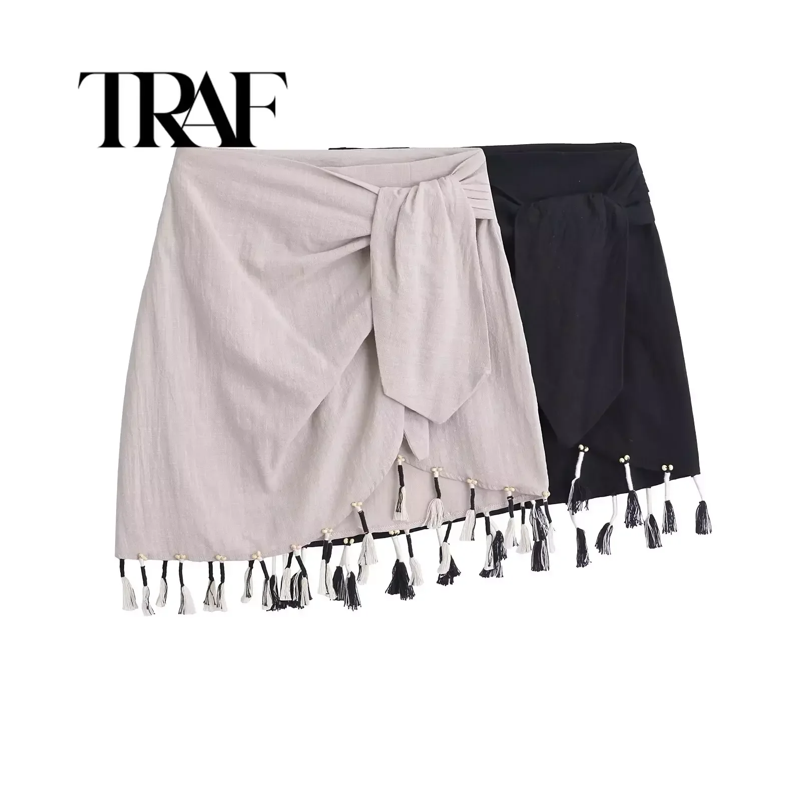 

TRAF Tassels Short Skirt Women Knot Ruched Mini Skirts Female Summer Sexy High Waist Elegant Party Skirts