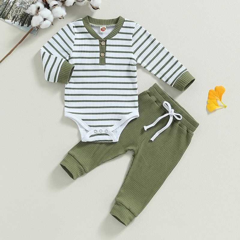 Casual Baby Boy 2Pcs Fall Outfits Long Sleeve Knitted Striped Print Romper Pants Set Infant Warm Clothes Baby\'s Sets