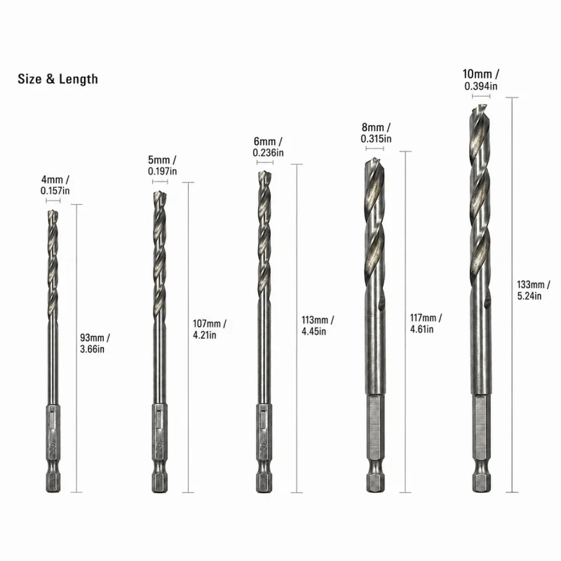 HSS Twist Drill Bit 5PCS Set 4/5/6/8/10mm, 135° Split Point Hex Shank Drill Bits, Clean Hole Drilling for Metal & Wood
