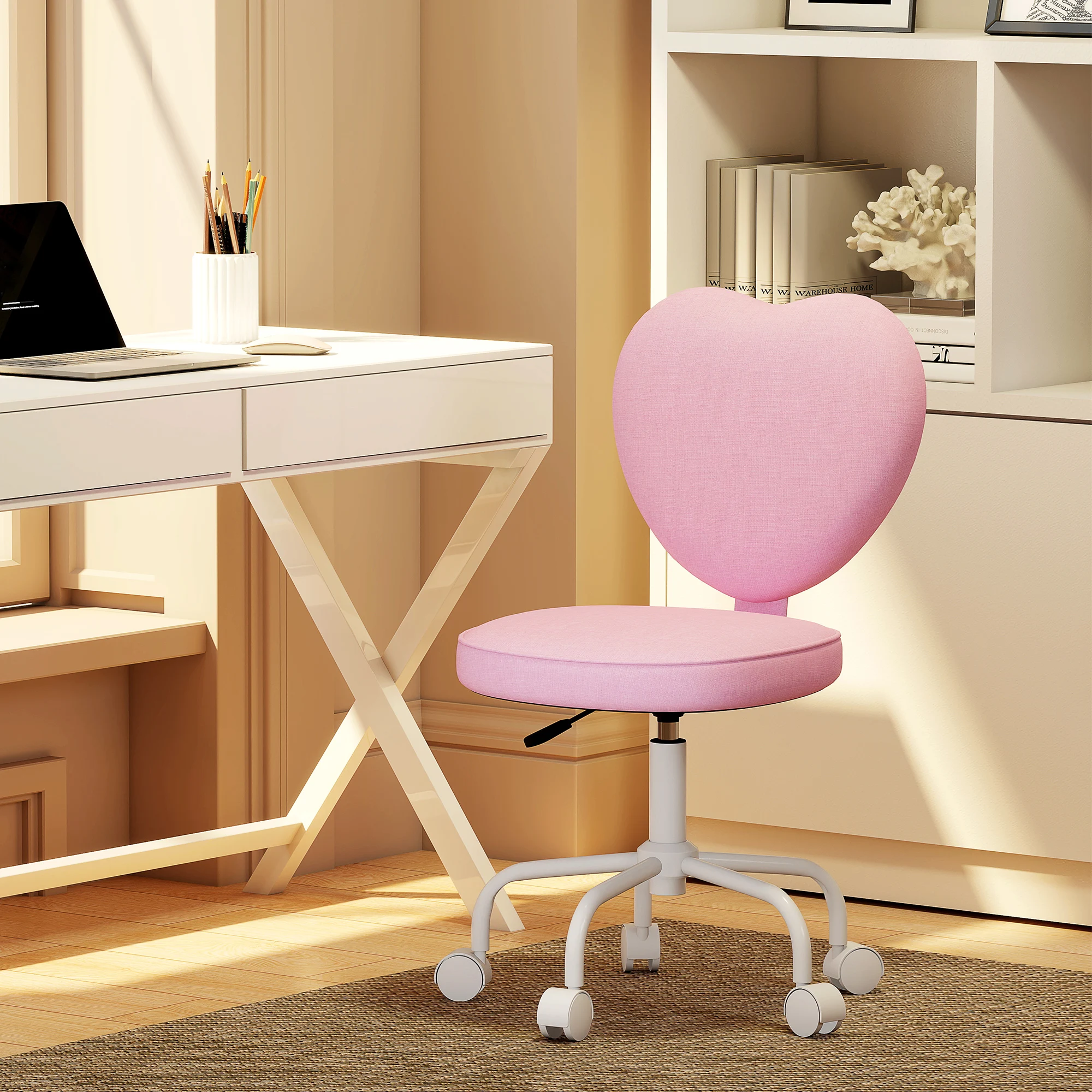 Armless Home Office Desk Chair, Modern Fabric Makeup Vanity Chair with Heart Shape, Swivel Wheels, Height Adjustable, Pink
