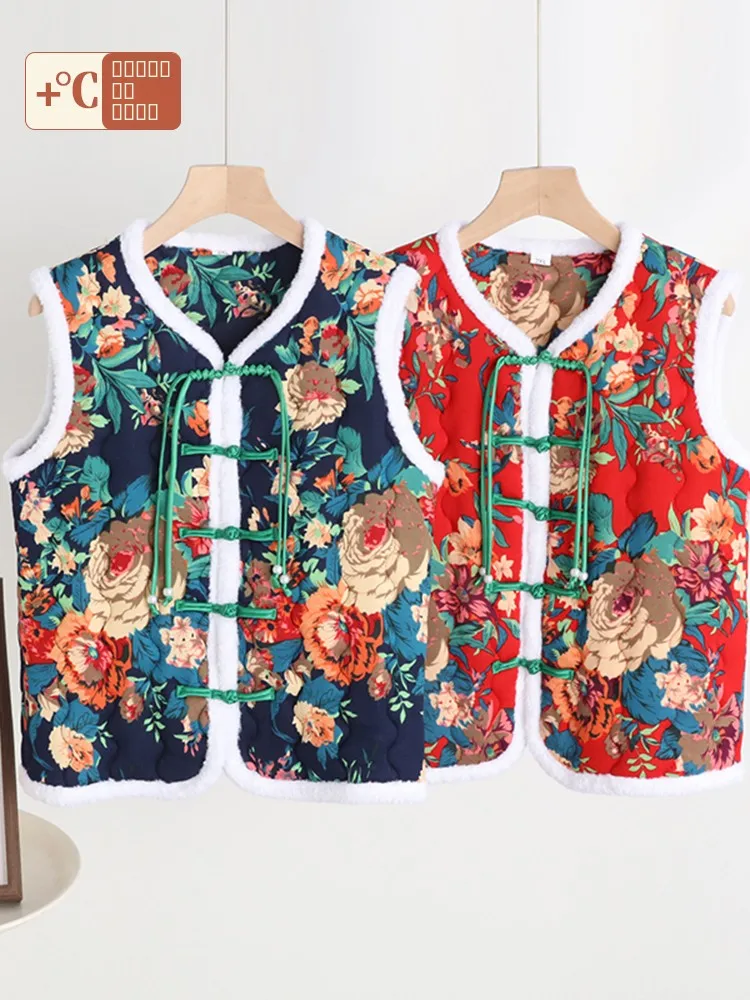 

Теплый женский жилет на флисовой подкладке с пуговицами, V-образным вырезом и цветочным узором, для повседневной носки, зимняя верхняя одежда