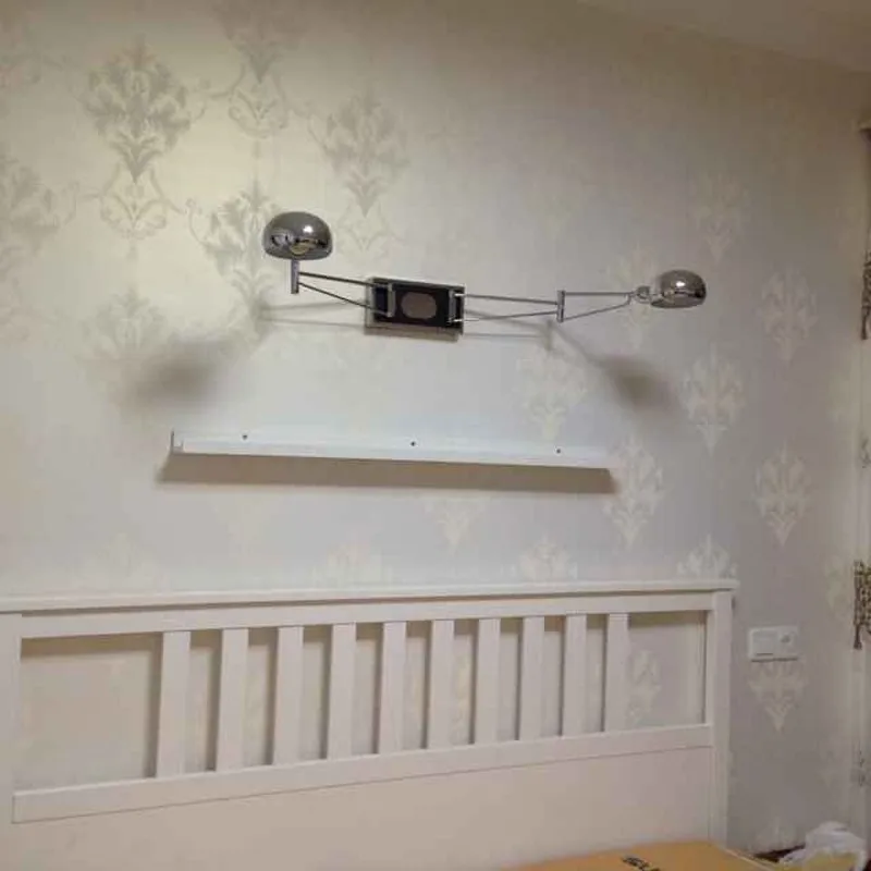 chrome  2-Arm Swing Wall Sconce with switch bedroom indoor metal wall lamps study  Reading Lights ajustable totel Wall lighting image 4