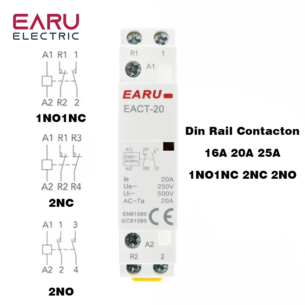 2P 16A 20A 25A  1NO1NC 2NO 2NC AC 220V 230V 50/60Hz Din Rail Mounted Household Modular AC Contactor for Smart Home House Hotel