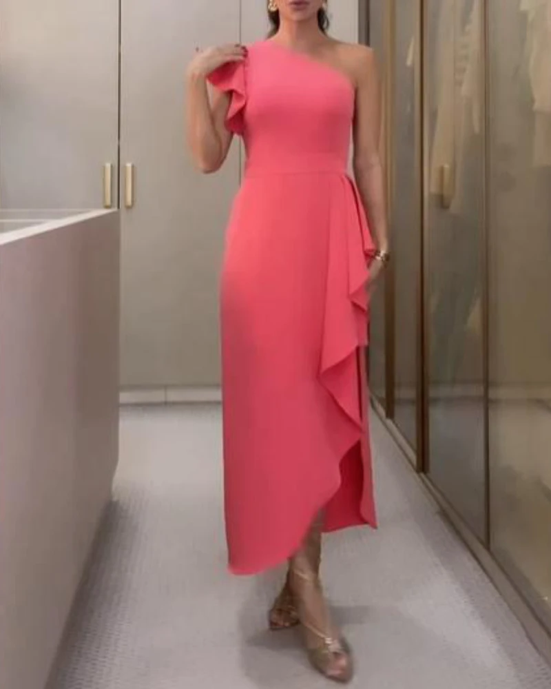 

Women's Dress 2025 Spring Summer Latest One Shoulder Sleeveless Asymmetric Ruffles Long Skirt Casual Waist Flowy Midi Dress