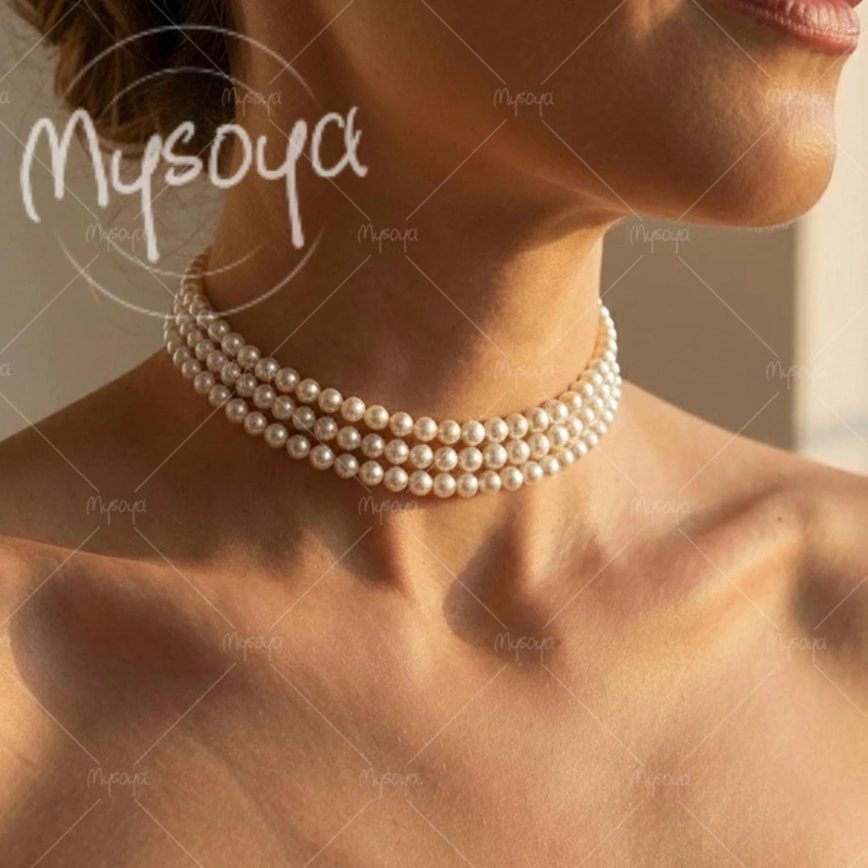 

MYSOYA 6-7mm Three-layer White Freshwater Pearl Necklace, Suitable for Birthday/ Wedding/ Mother's Day/ Father's Day Gift A0793