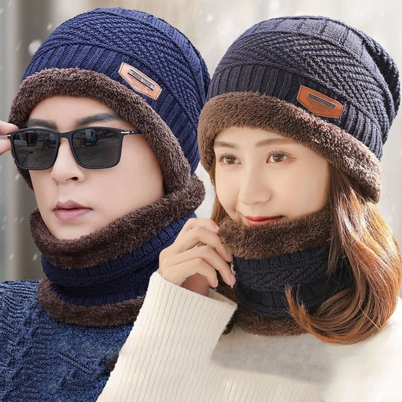 Winter Warm Hat Scarf Set for Men Women Thickened Velvet Outdoor Riding Hat Beanies Windproof Cold-Resistant Knitted Scarf Cap