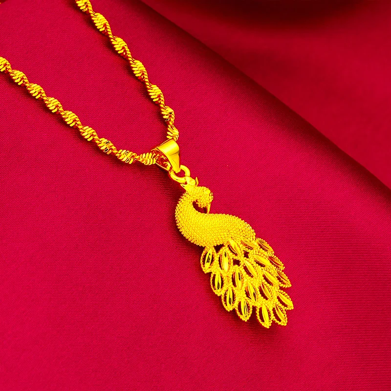 Vietnam Sand Gold Peacock Pendant Water Wave Chain Necklace for Women Fashion Female Jewelry Long Style Wholesale 60cm Available