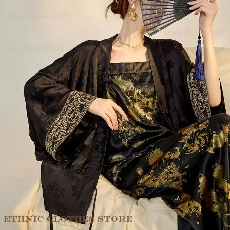 

New Chinese Style Women's Long Cheongsam Hanfu Luxury Jacquard Silk Satin Cardigan Suspender Dress Costume Sexy Qipao Vestidos