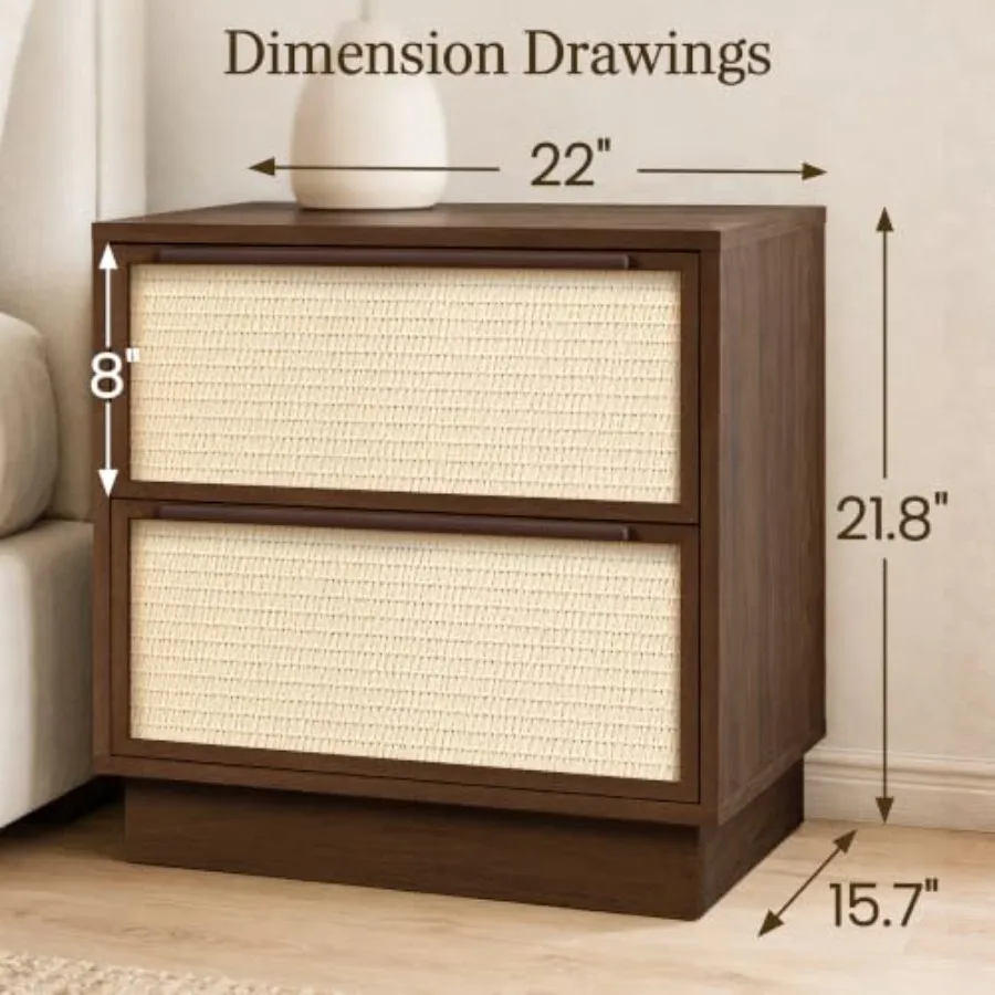 2-Drawer Nightstands Set of 2, Rattan-Look Bedside Tables