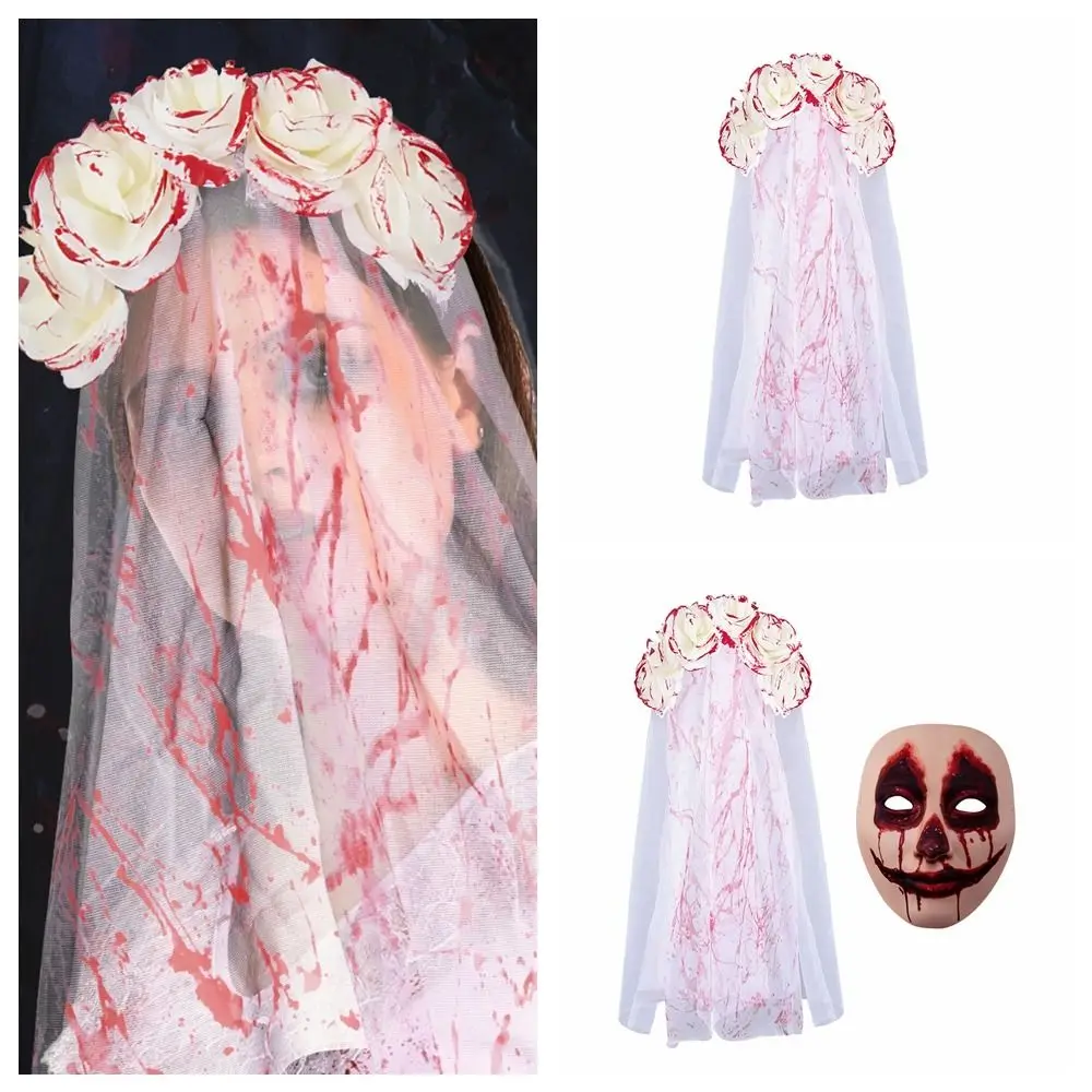 روز زهرة هالوين الزفاف غطاء الرأس الدم شبكة النساء الشعر هوب تأثيري حلي شبح العروس هالوين هيرباند قناع مجموعة حفلة