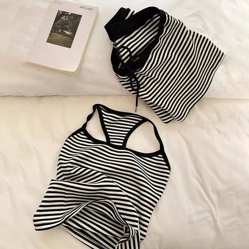 طقم بيجامات صيفي مكون من قطعتين بحمالات مخططة مثيرة من الحرير الجليدي ملابس منزلية غير رسمية حلوة #2