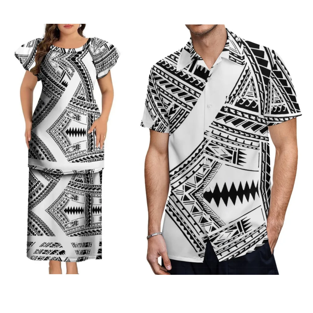 여름 라운드넥 캐주얼 폴리네시안 플레타시 커플 고품질 맞춤 제작 롱 드레스 이브닝 가운 사모아 커플 남성 셔츠