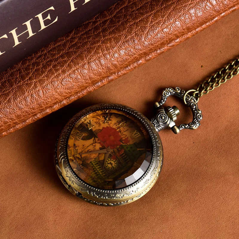 Reloj de cuarzo Reloj de bolsillo grande Reloj de bolsillo de cristal amarillo ámbar Reloj de bolsillo con tapa retro Venta al por mayor de fábrica 8848