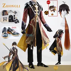 Genshin Zhongli Costume Cosplay Parrucca Capelli Genshin Impact Liyue Morax Zhong Li Costumi Cosplay Abiti Costumi