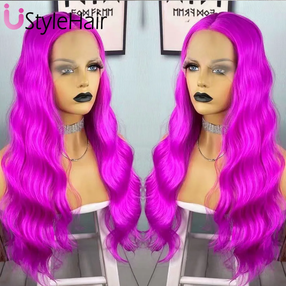 UStyleHair-Peruca Roxo Onda Natural com Lace Front, Fina Sintética, Uso Diário Peruca Cosplay, Rosa Vermelha