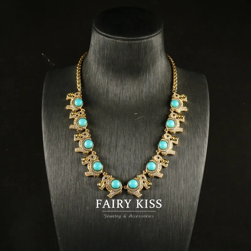 Medieval necklace stud earring turquoise copper wax inlaid  zircon creative elephant jewelry