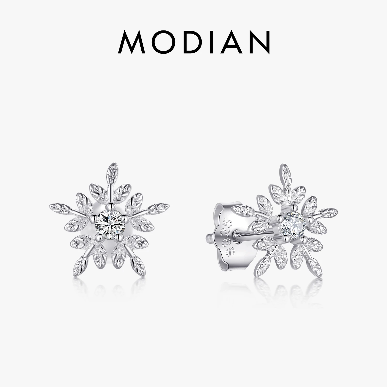 Modian Real 925 Sterling Silver White Snowflake Stud Earrings Cubic Zirconia Jewelry For Women Fashion Sterling Silver Earrings