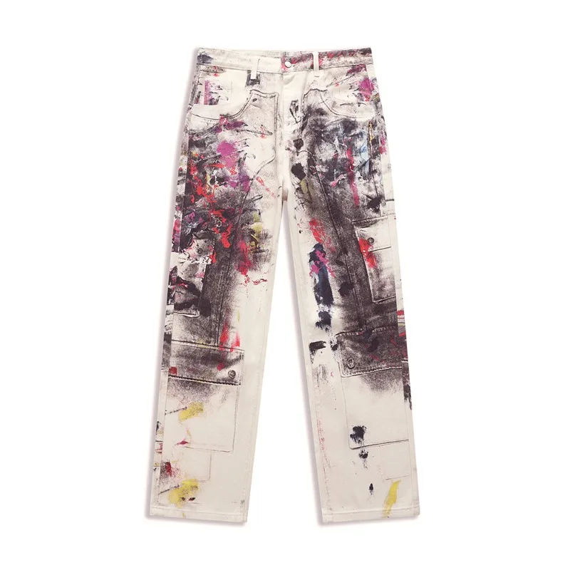 2026 Spring Summer Men Women Digital Ink Print Burn Wash Wide Leg Cargo Jeans Laser Distressed Loose American Street Trousers