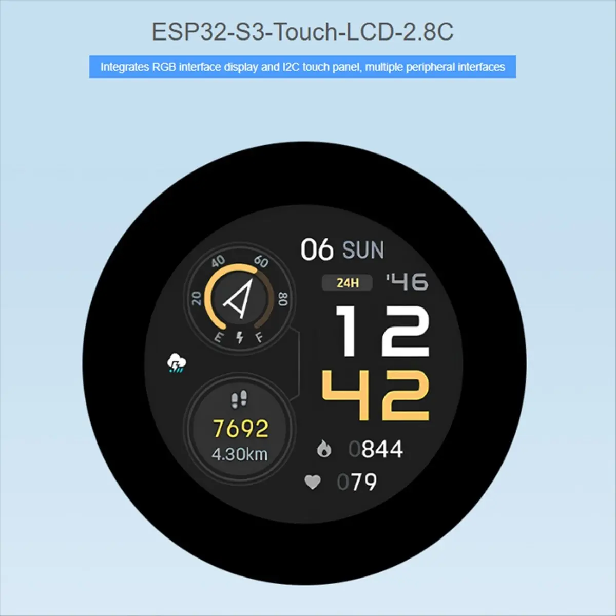 

(ABDH) Плата разработки ESP32-S3 с круглым емкостным сенсорным дисплеем 2,8 дюйма, 480x480, поддержка Wi-Fi и Bluetooth, ESP32 с дисплеем