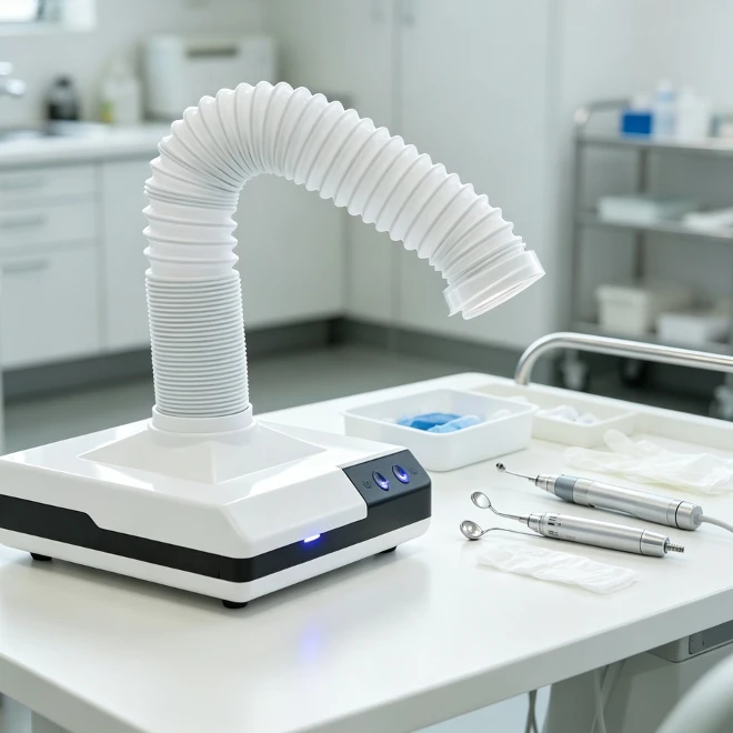 60wの歯科用ラボ用集塵機。ledライト付きで、引き込み式。研磨作業台用の吸引装置。