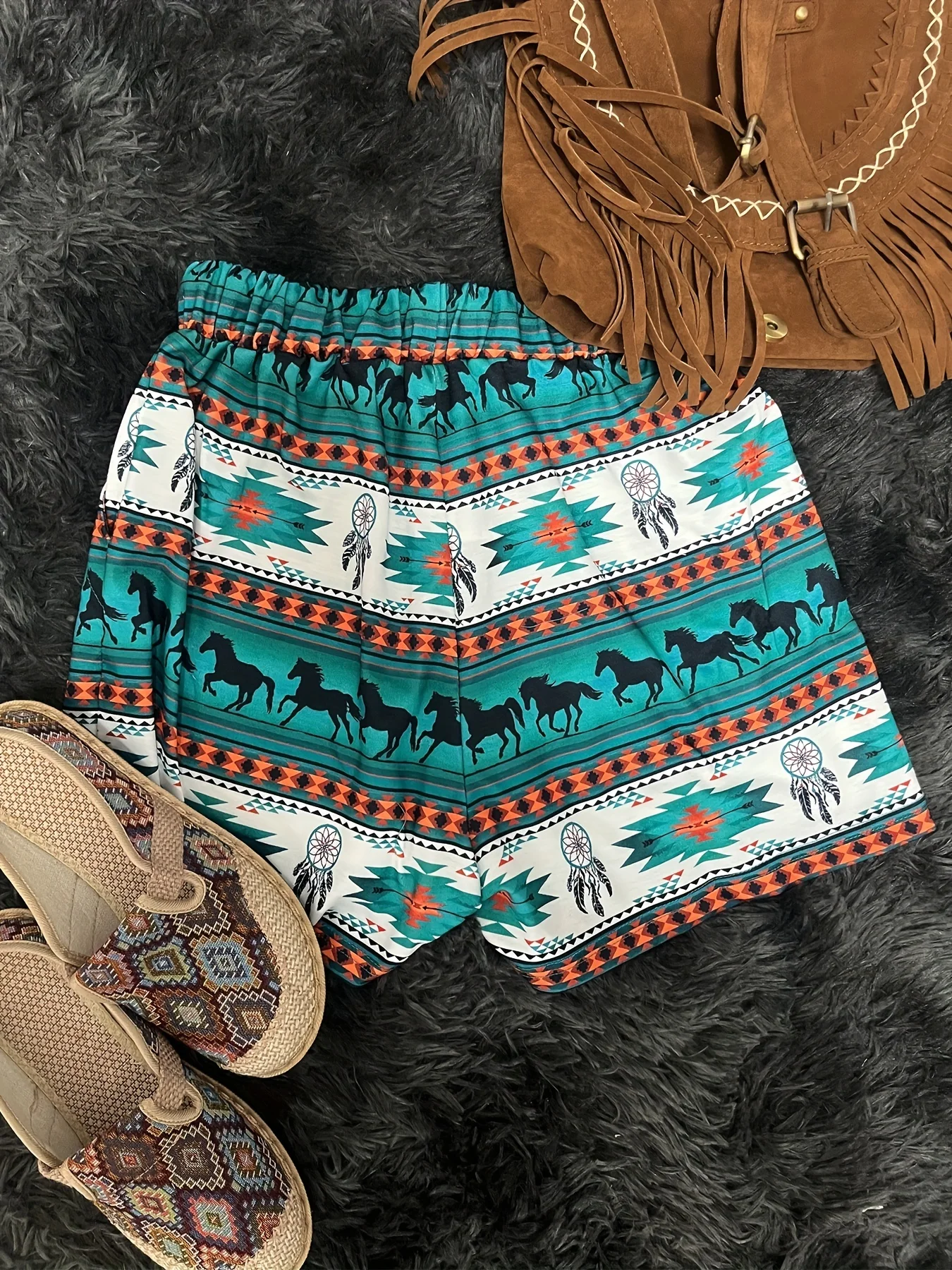 กางเกงขาสั้นพิมพ์ลายเรขาคณิตย้อนยุคสไตล์ตะวันตกสำหรับผู้หญิง