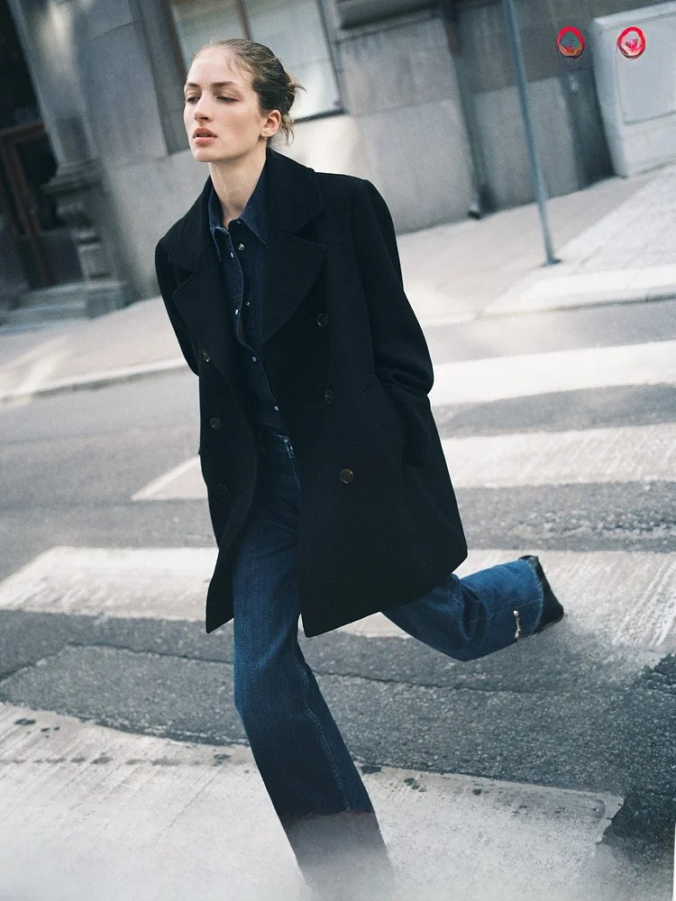 

H&M женское шерстяное пальто зимнее двубортное Briti Sle плоский воротник саржевая ткань длинное све женское пальто обычной длины