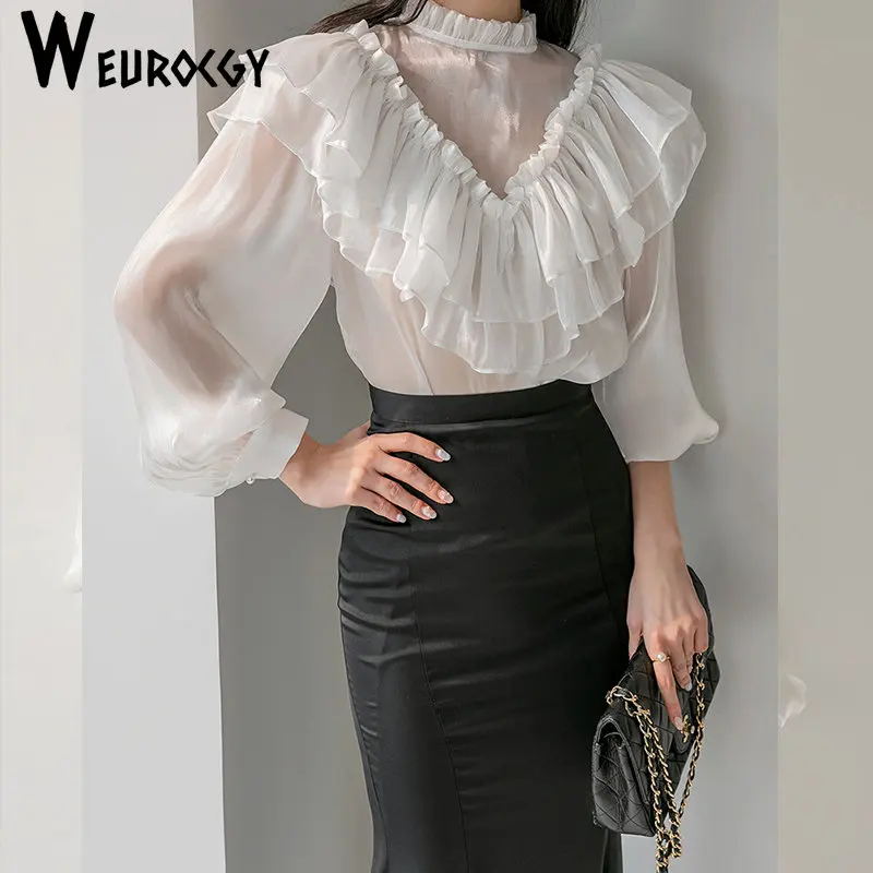 Women Blouse 2023 Summer Korean Edition Elegant Splicing Fashion Ruffles Top Autumn Flare Beading Chiffon Long Sleeve Shirt